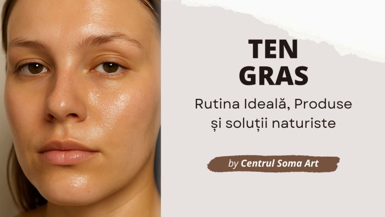 Femeie cu ten gras lucios langa titlul articolului despre ingrijirea corecta