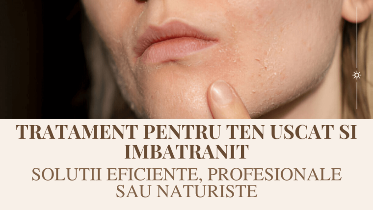 Femeie cu ten uscat si descuamat, ilustrand nevoia de tratament eficient pentru pielea uscata si imbatranita