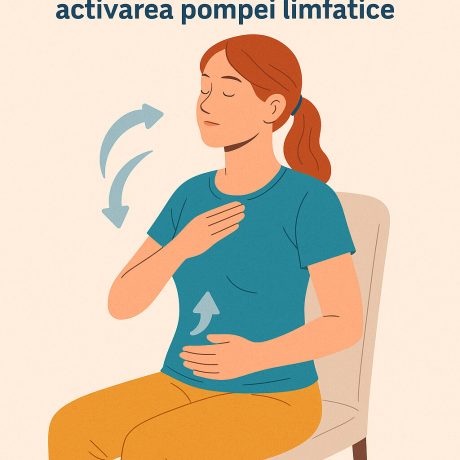 Femeie asezata practica respiratia diafragmatica cu o mana pe piept si una pe abdomen pentru a activa fluxul limfei